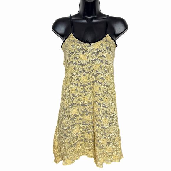 VINTAGE 80s 90s CARNIVAL STRETCH LACE CHEMISE NIGHTGOWN YELLOW & BLACK VGUC SZ M - Picture 1 of 5